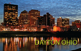 Dayton Ohio skyline along the river at night